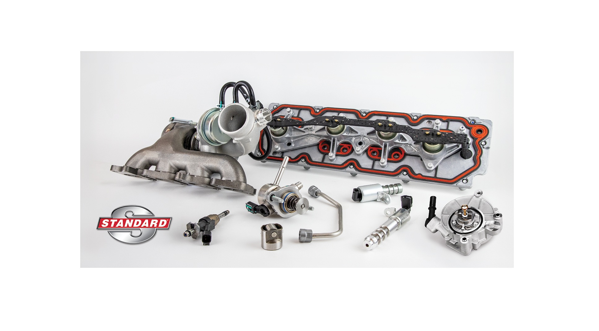 Standard Motor Products engine components kit including turbocharger, valve cover, and fuel injectors