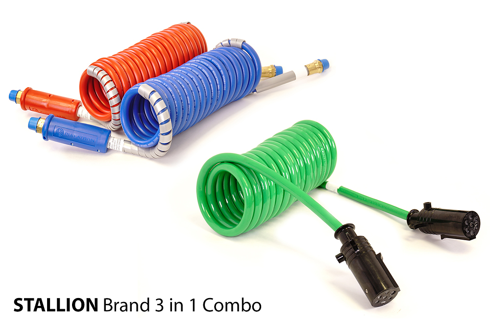 Stallion Brand 3 in 1 Combo pneumatic hoses and air tools in red, blue, and green with brass fittings