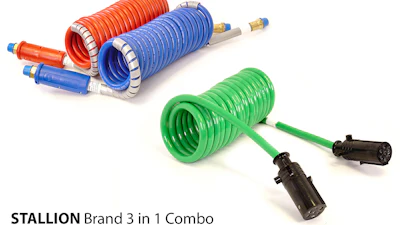 Stallion Brand 3 in 1 Combo pneumatic hoses and air tools in red, blue, and green with brass fittings