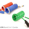 Stallion Brand 3 in 1 Combo pneumatic hoses and air tools in red, blue, and green with brass fittings