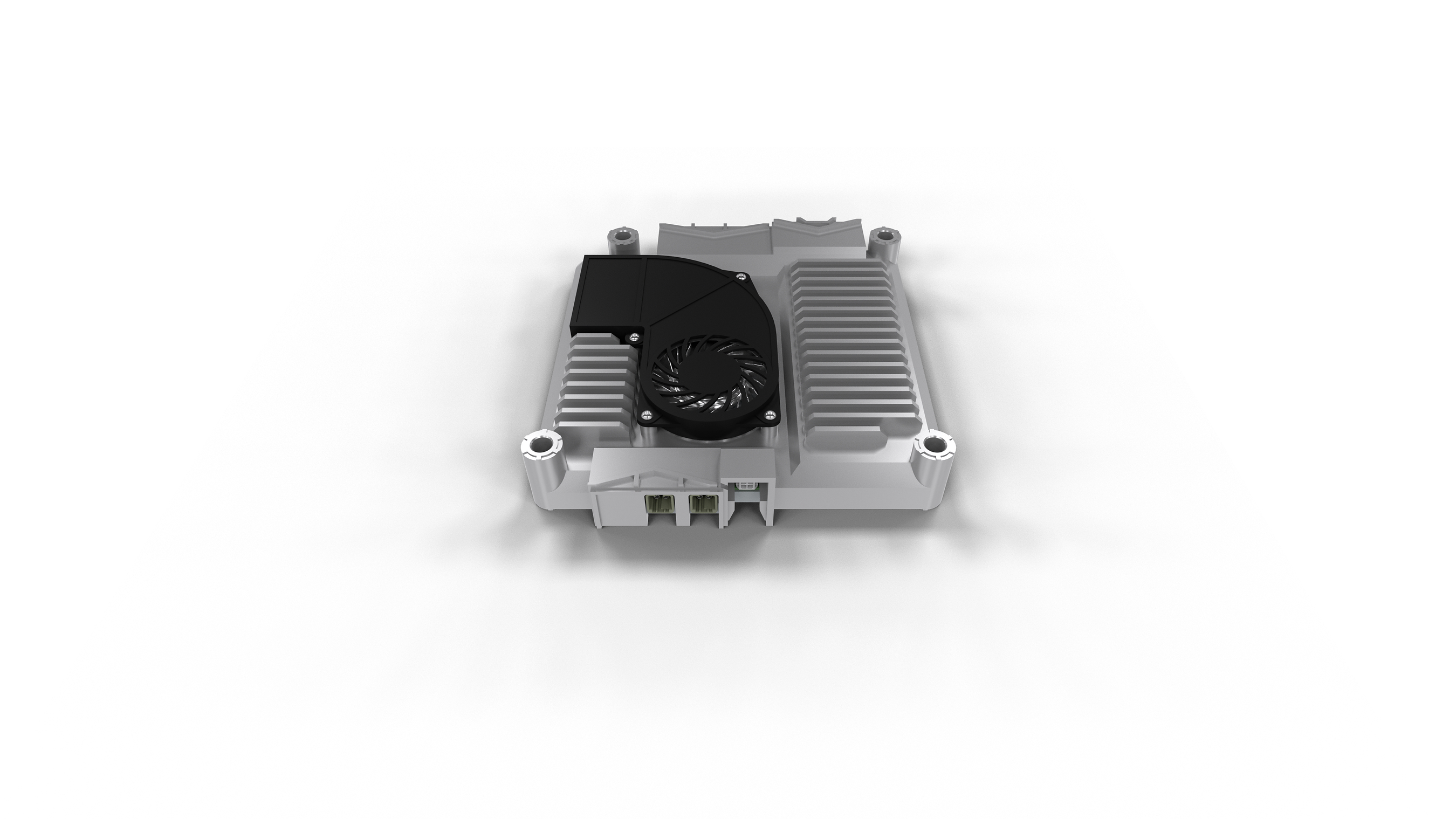 Gray electronic component with cooling fan and aluminum heat sink fins mounted on white background