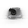 Gray electronic component with cooling fan and aluminum heat sink fins mounted on white background