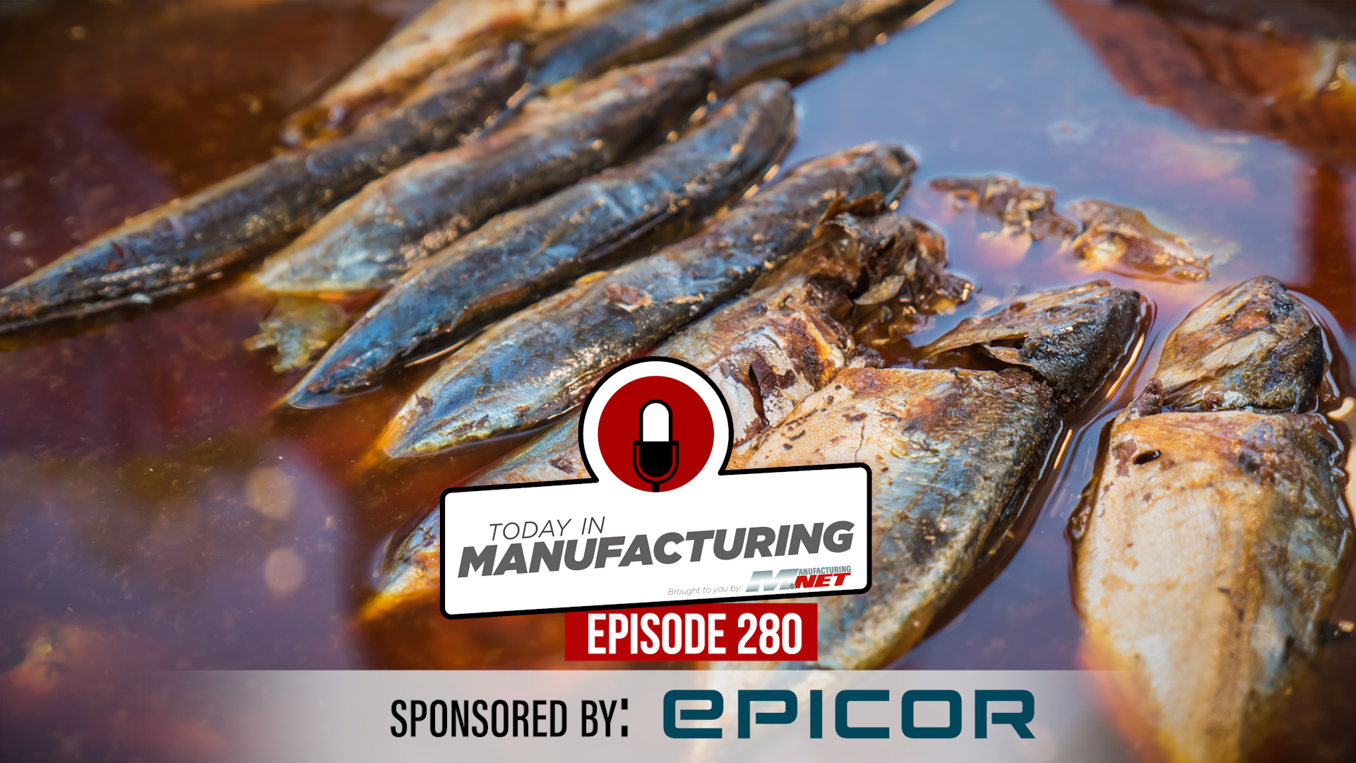 Made in Manufacturing Episode 280 logo with fresh fish and seafood displayed in water, sponsored by Epicor