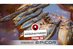 Made in Manufacturing Episode 280 logo with fresh fish and seafood displayed in water, sponsored by Epicor