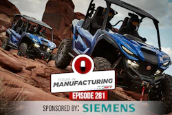 Today in Manufacturing Episode 281 sponsored by Siemens featuring blue off-road utility vehicles on desert terrain