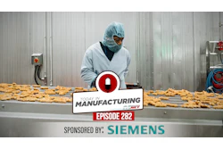 Worker in protective gear processing food items on manufacturing line with Make In Manufacturing Episode 282 logo overlay