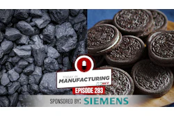Stay in Manufacturing Episode 283 logo sponsored by Siemens, featuring coal and cookies imagery