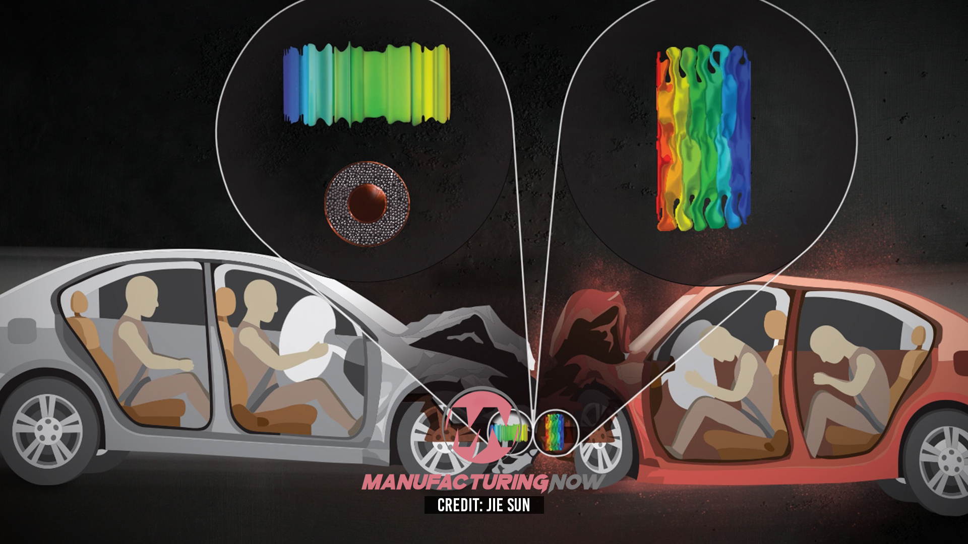 Two cars facing each other with sound wave visualizations above, illustrating vehicle-to-vehicle communication technology