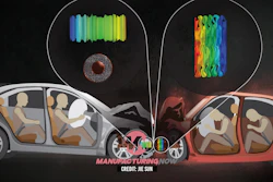 Two cars facing each other with sound wave visualizations above, illustrating vehicle-to-vehicle communication technology