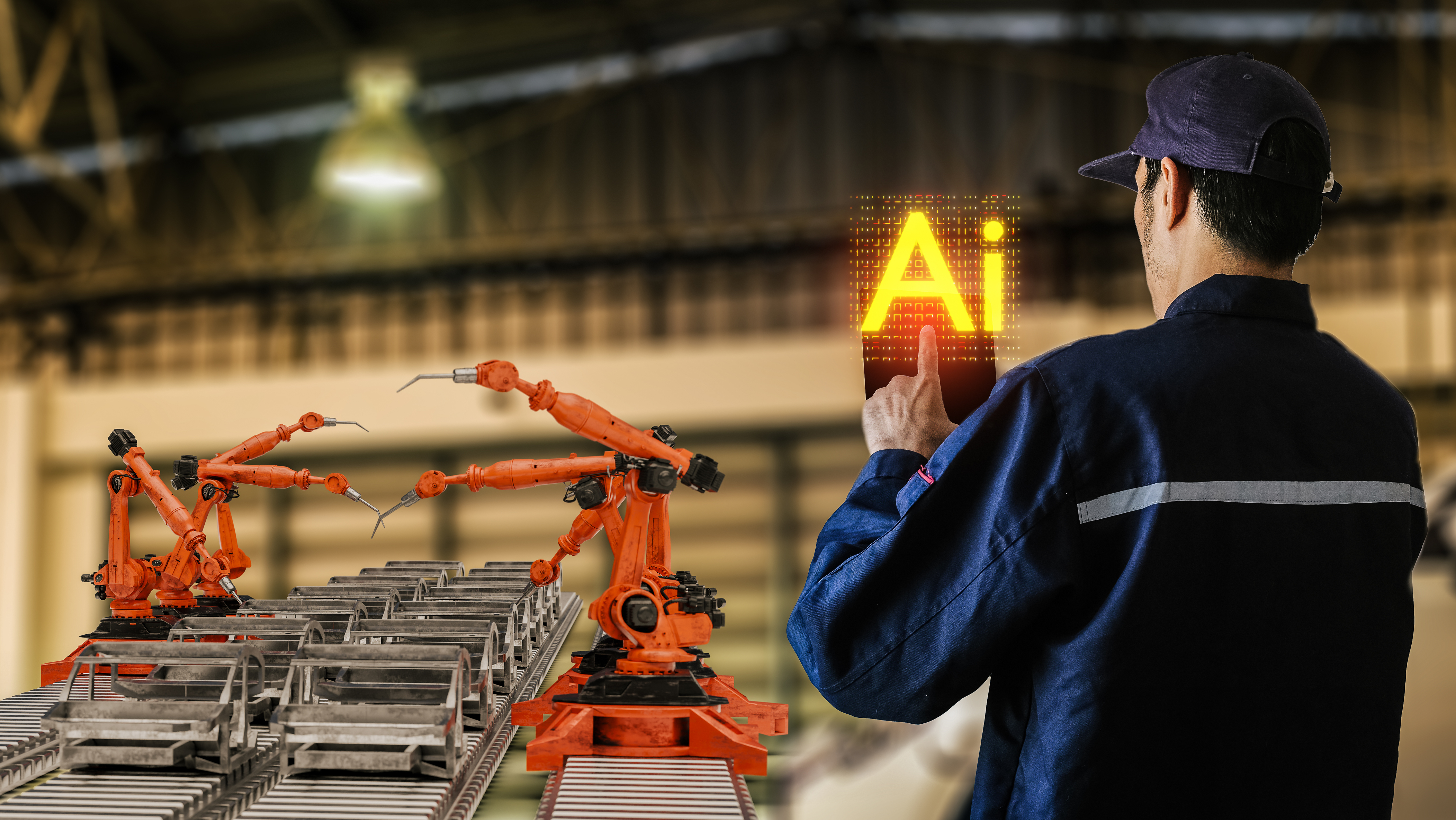 Industrial worker in blue uniform monitoring robotic arms on factory assembly line with glowing AI symbol