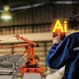 Industrial worker in blue uniform monitoring robotic arms on factory assembly line with glowing AI symbol