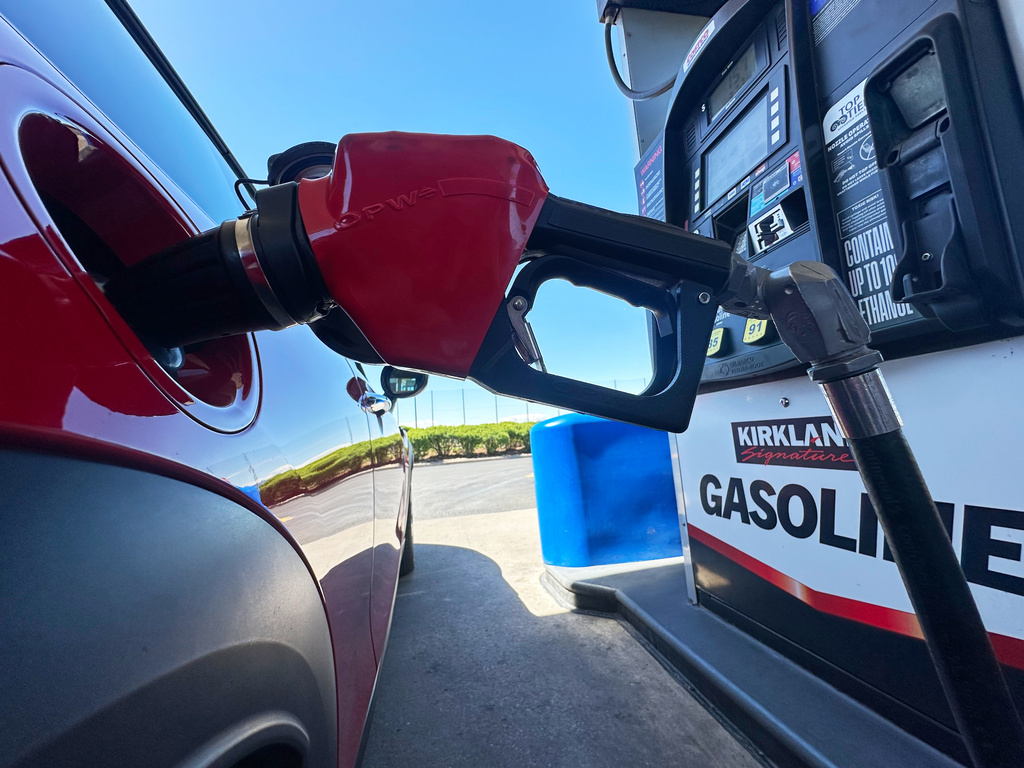 Red fuel pump nozzle dispensing gasoline at Kirkland Signature gas station