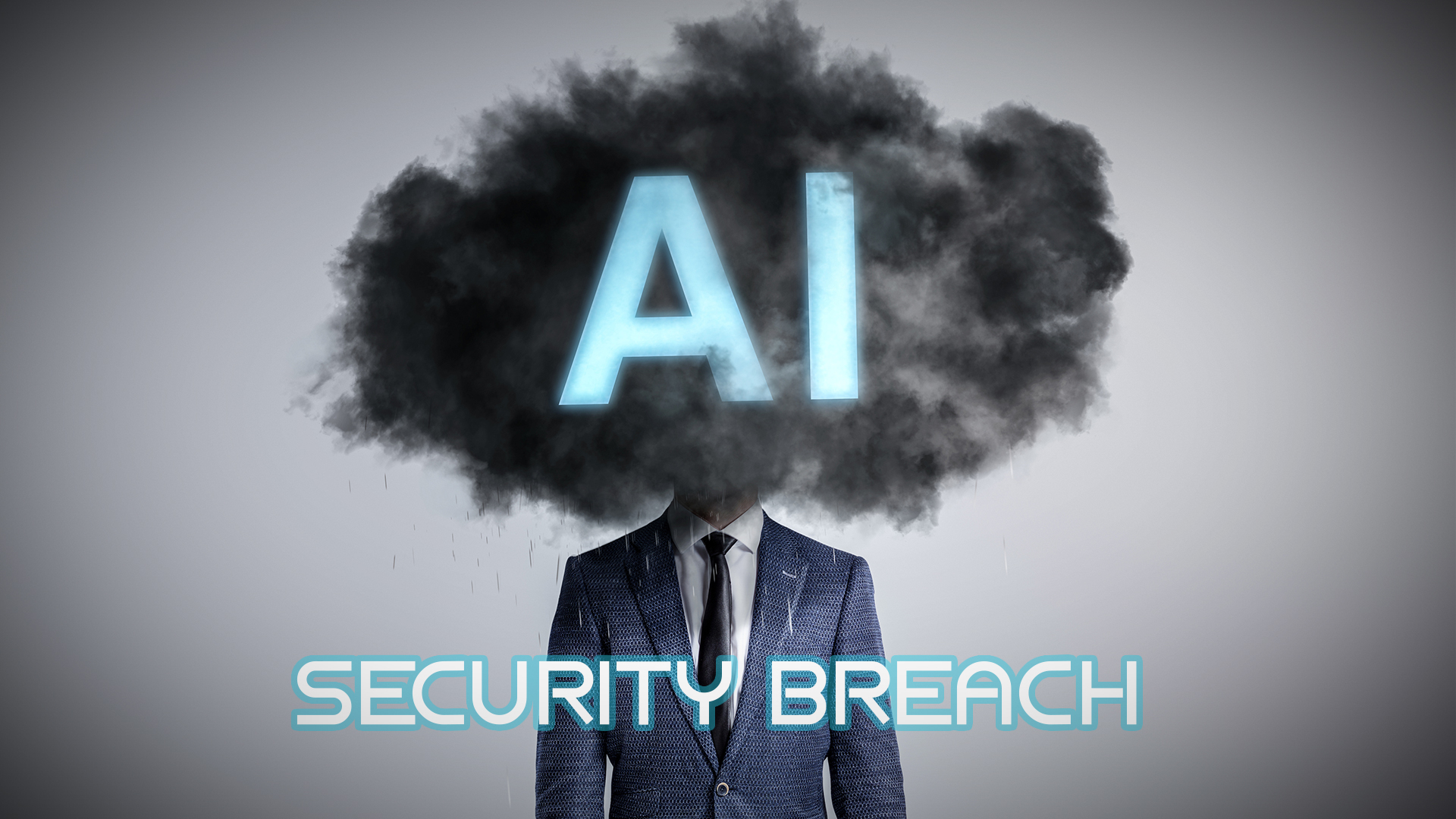 Businessman with dark cloud head displaying AI and Security Breach text representing cybersecurity threat