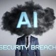 Businessman with dark cloud head displaying AI and Security Breach text representing cybersecurity threat