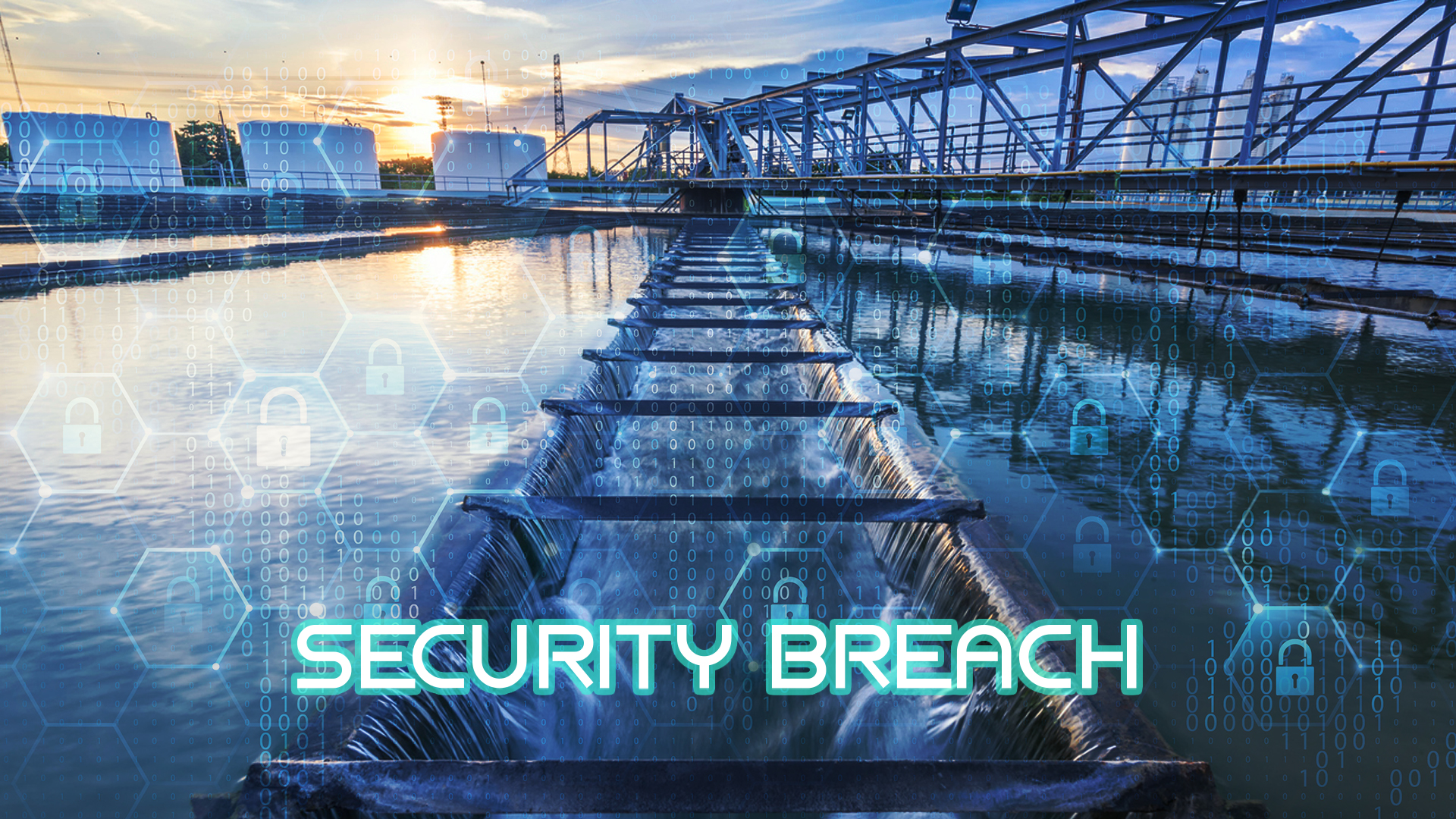Industrial water treatment facility at sunset with digital security breach warning overlay and lock icons