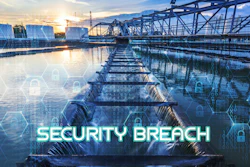 Industrial water treatment facility at sunset with digital security breach warning overlay and lock icons