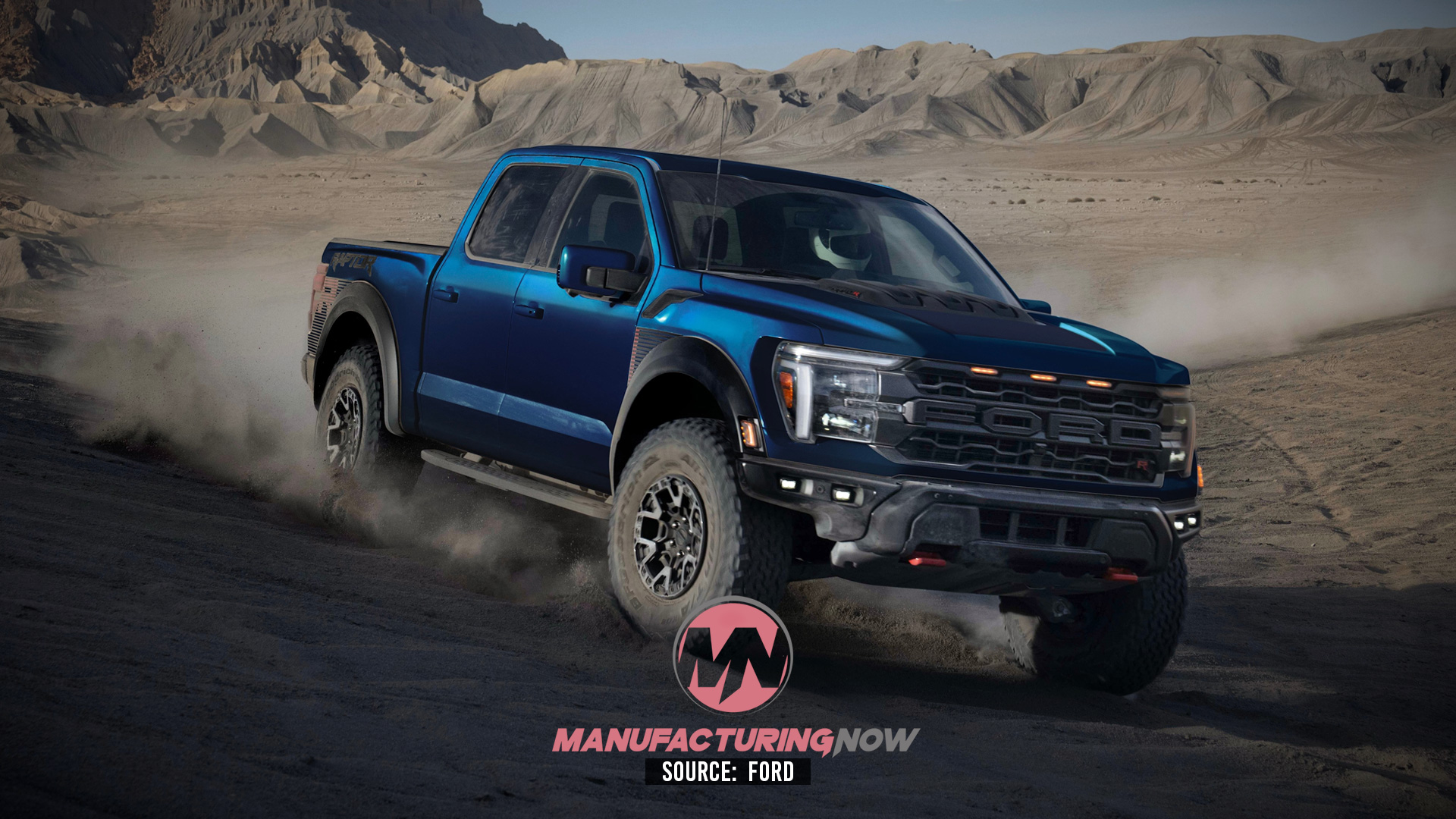 Blue Chevrolet pickup truck kicking up dust in desert landscape with mountains