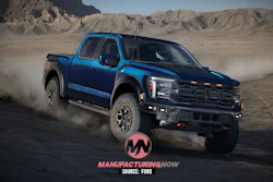 Blue Chevrolet pickup truck kicking up dust in desert landscape with mountains