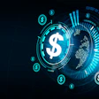 Digital illustration of dollar sign with holographic effects and financial data visualization on dark background