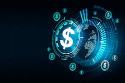 Digital illustration of dollar sign with holographic effects and financial data visualization on dark background
