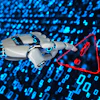 Robotic hand pointing at red warning triangle symbol with binary code background representing cybersecurity threat detection