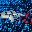 Robotic hand pointing at red warning triangle symbol with binary code background representing cybersecurity threat detection