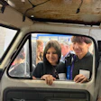 Students from Flandreau Indian School in South Dakota inspect a 1976 Ford F-350 utility truck.
