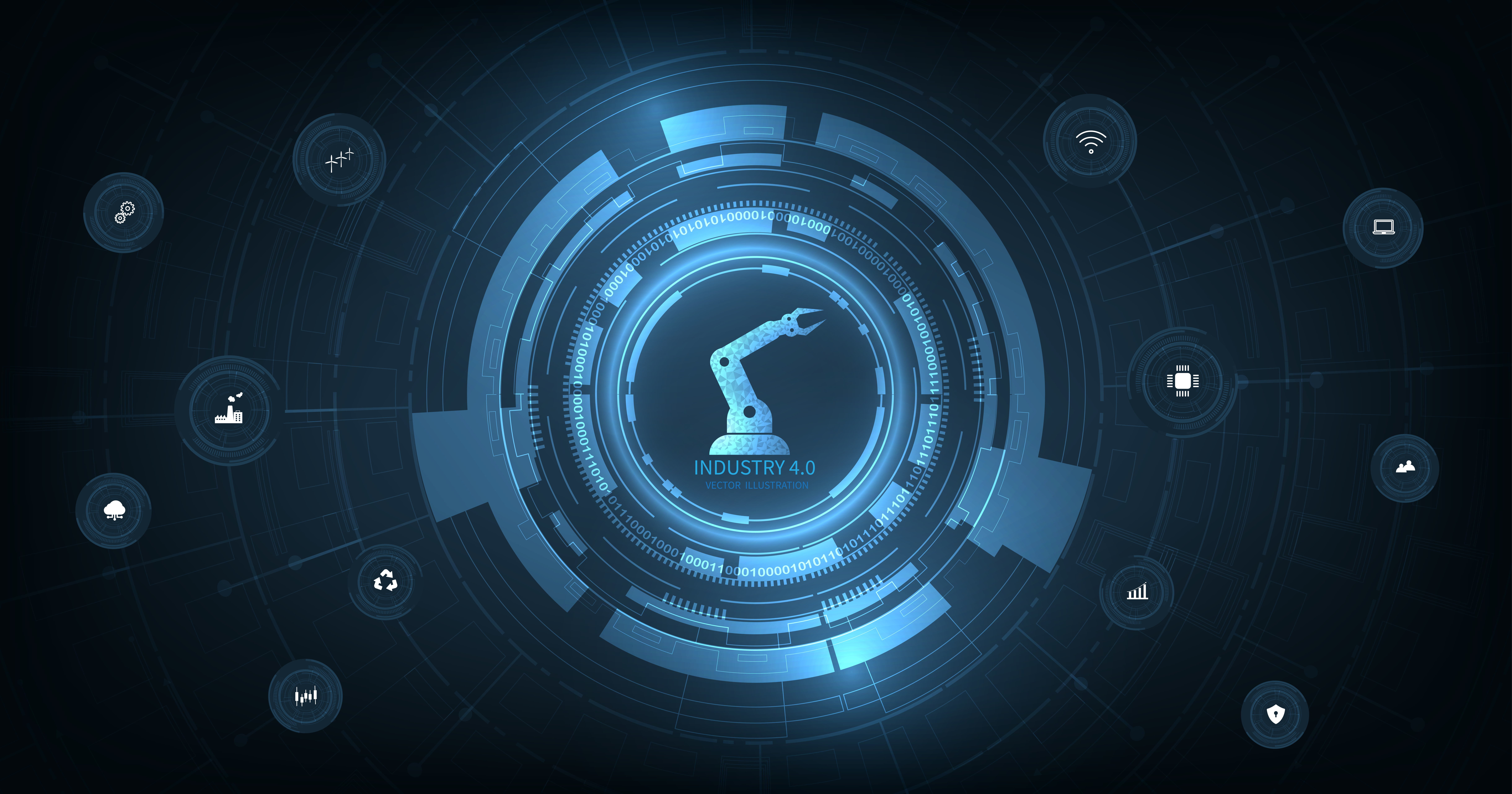 Industry 4.0 technology ecosystem with robotic arm and connected digital icons on blue circular interface