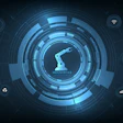 Industry 4.0 infographic featuring robotic arm icon surrounded by connected technology symbols on blue digital background