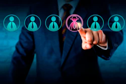 Businessman selecting highlighted employee from group of candidates in digital recruitment interface