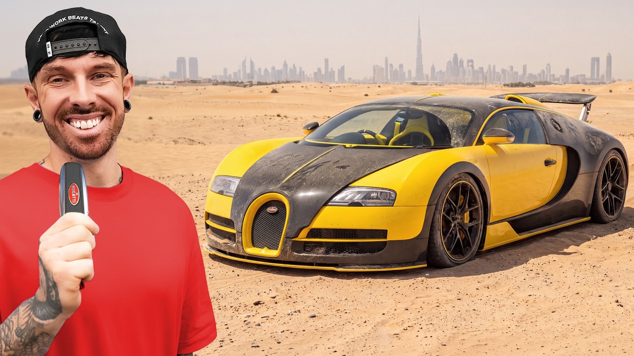Content creator in red shirt holding microphone next to yellow and black Bugatti Veyron in desert with city skyline