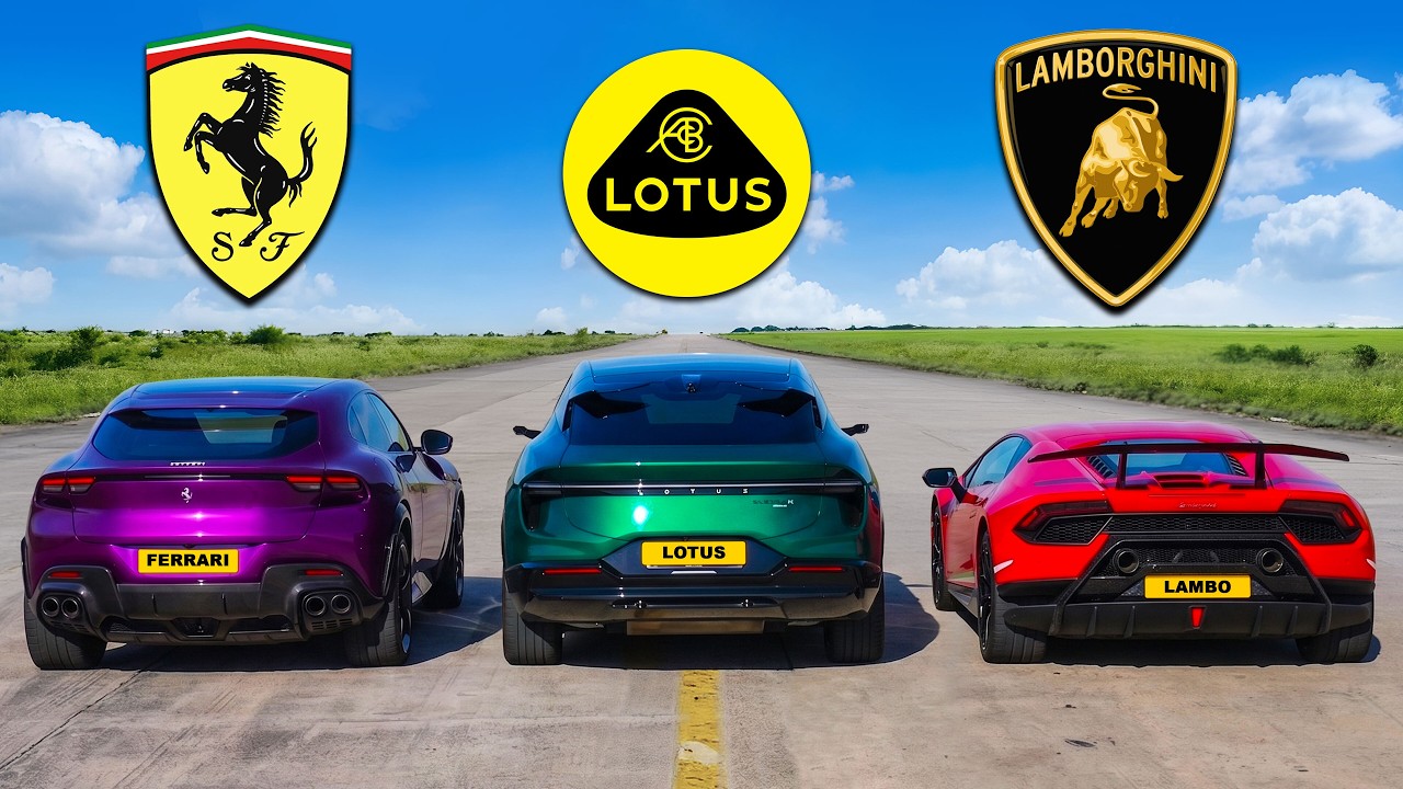 Three luxury sports cars lined up on a road displaying Ferrari, Lotus, and Lamborghini branding with logos above.