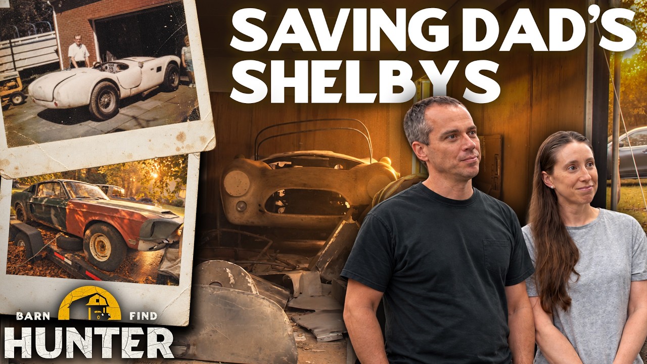 Two people examining vintage Shelby race cars in a garage with Barn Find Hunter logo