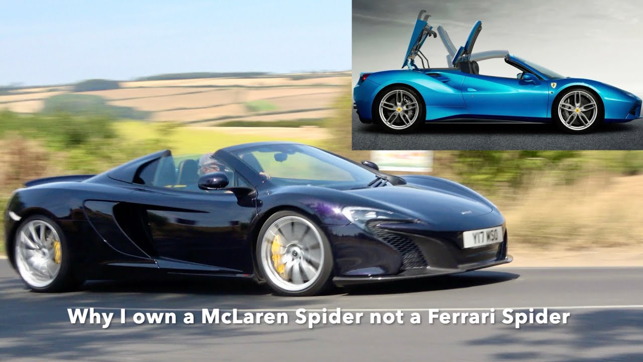 Black McLaren 12C Spider sports car on road with blue McLaren 570S Spider inset, comparing luxury convertible supercars