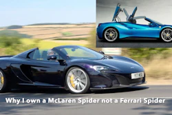 Black McLaren 12C Spider sports car on road with blue McLaren 570S Spider inset, comparing luxury convertible supercars