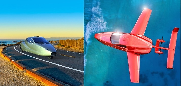 Futuristic silver concept car on coastal highway and red electric aircraft flying over ocean water