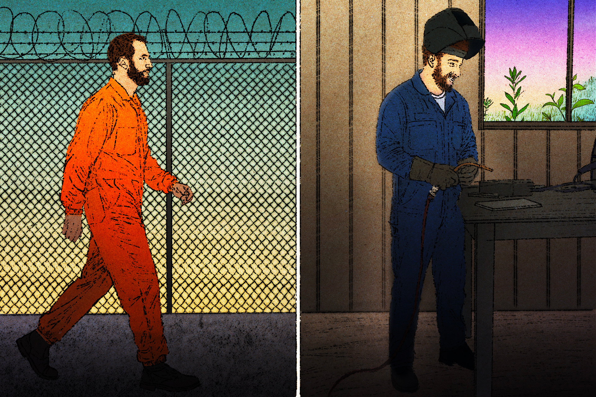 Split-panel illustration showing man in orange prison uniform behind barbed wire fence on left, man in blue work clothes in sparse room on right