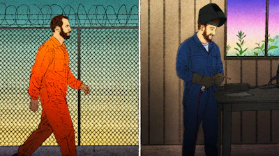 Split-panel illustration showing man in orange prison uniform behind barbed wire fence on left, man in blue work clothes in sparse room on right