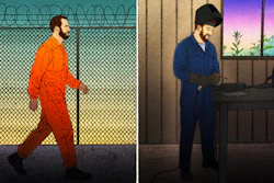 Split-panel illustration showing man in orange prison uniform behind barbed wire fence on left, man in blue work clothes in sparse room on right