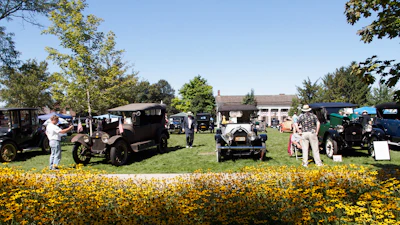 Vintage car show in a park with classic automobiles, visitors, and yellow flowers in foreground