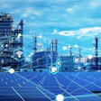 Industrial refinery facility with solar panels and digital technology icons representing smart manufacturing and renewable energy integration