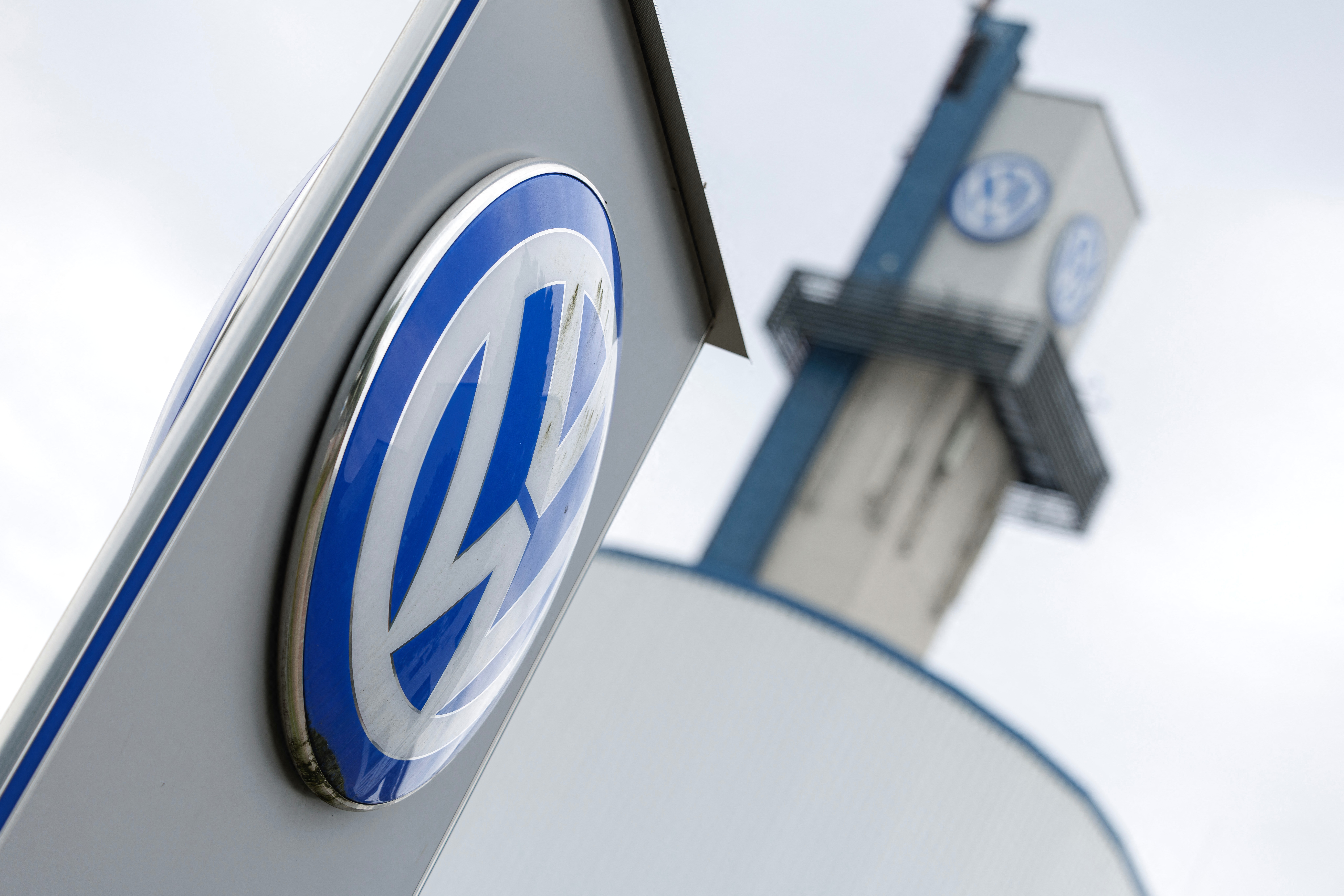 Volkswagen logo on dealership signage with blue and white circular emblem design