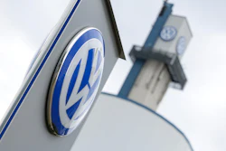 Volkswagen logo on dealership signage with blue and white circular emblem design