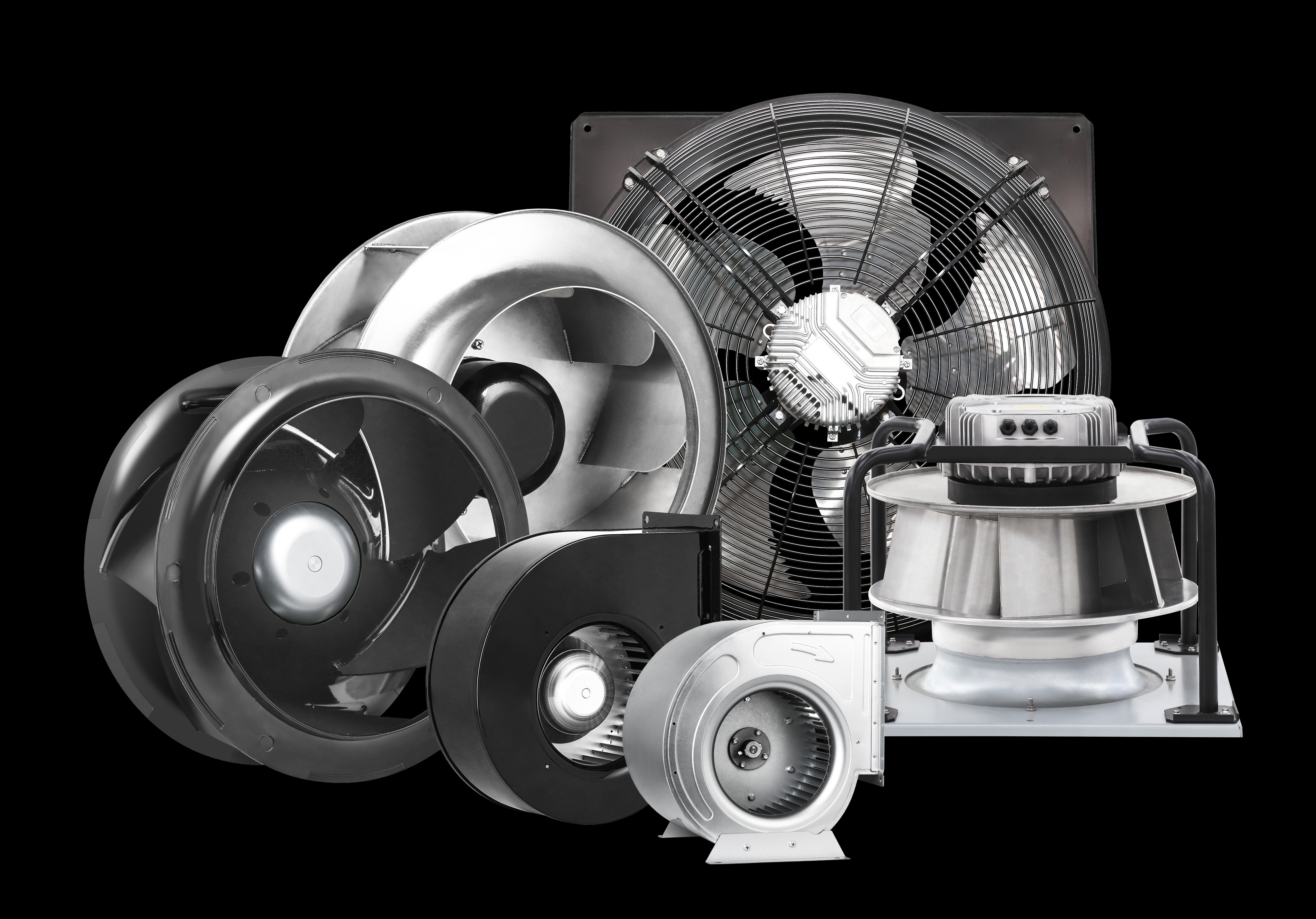 Collection of HVAC ventilation equipment including inline duct fans, exhaust fans, and ventilation units displayed on black background