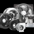 Collection of HVAC ventilation equipment including inline duct fans, exhaust fans, and ventilation units displayed on black background