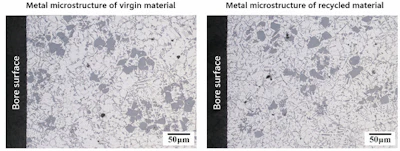 Comparative microscopy analysis of virgin and recycled metal microstructure at bore surface with 50-micrometer scale reference