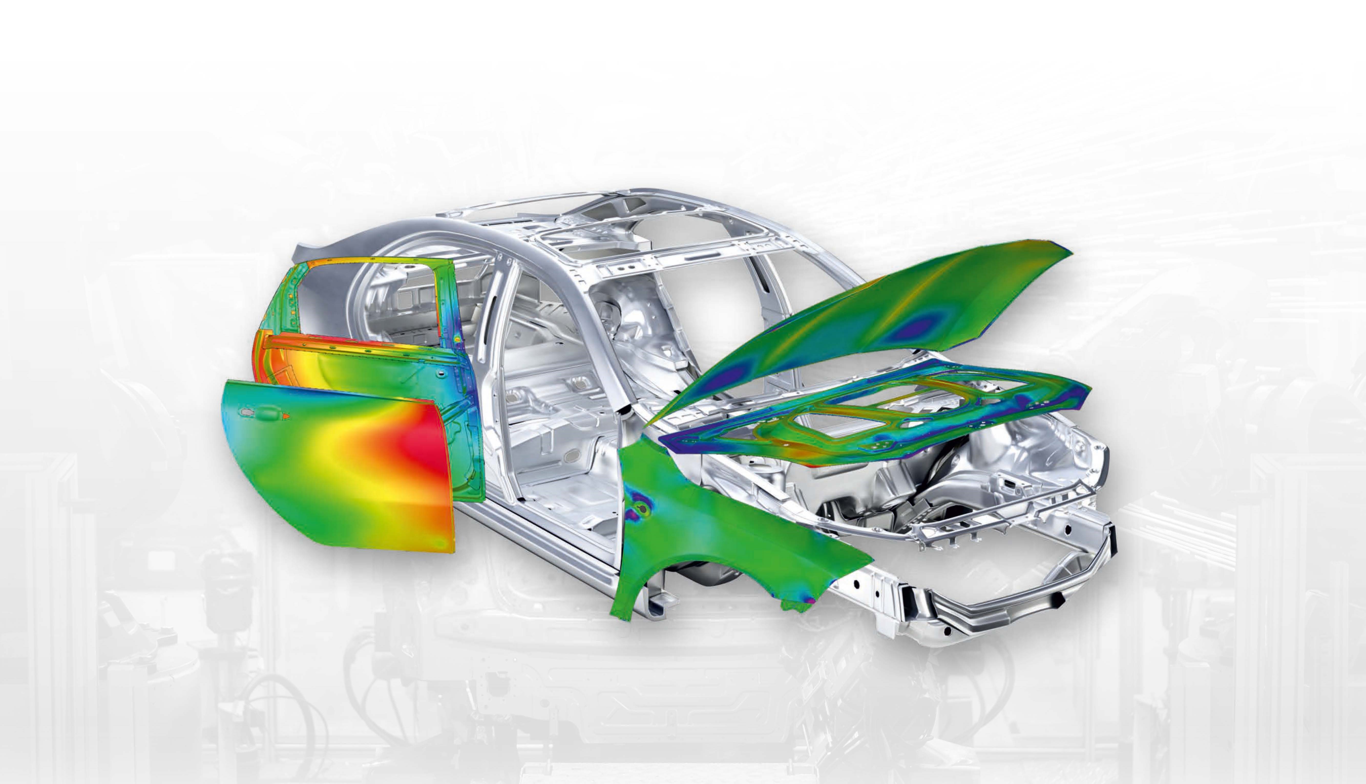 Thermal imaging visualization of car showing heat distribution across body panels and engine components with open doors and hood