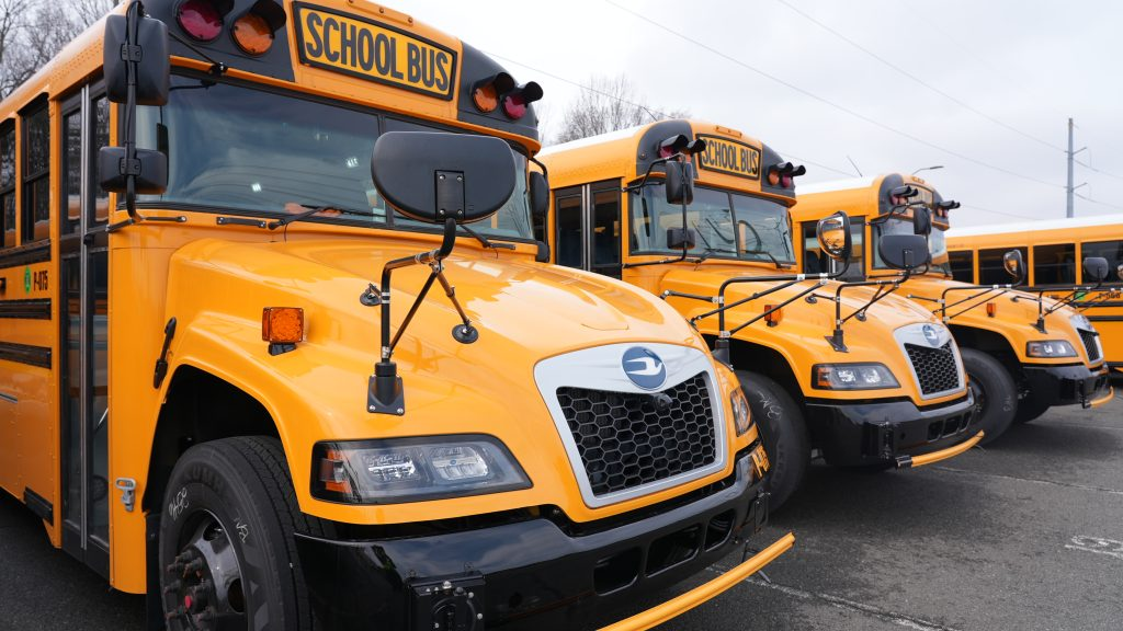 Row of yellow school buses parked in a line with bare trees in background