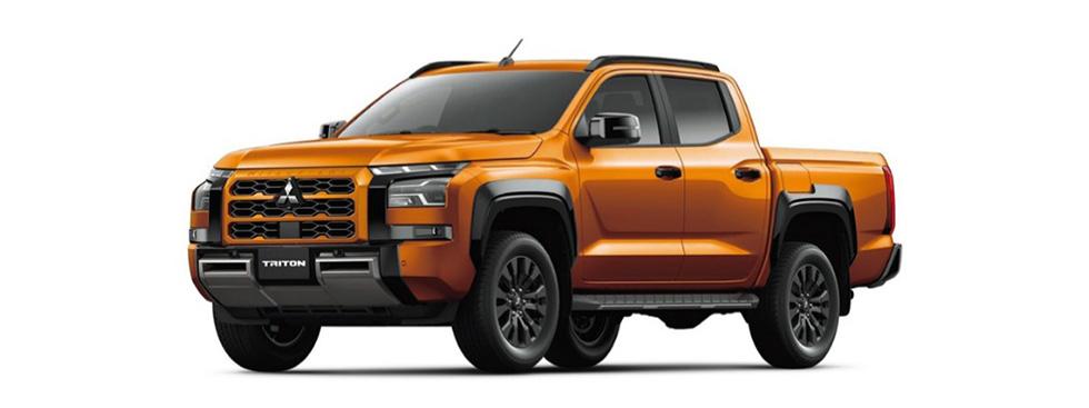 Orange Mitsubishi Triton pickup truck shown in profile view against white background