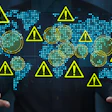 Global cybersecurity threat visualization with warning symbols and digital network indicators on world map